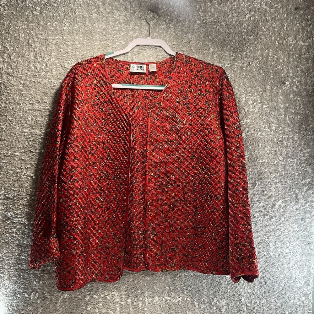 Chicos Open Jacket Party Cocktail Holidays Silk Red Ribbon Cardigan 3, XL Preppy